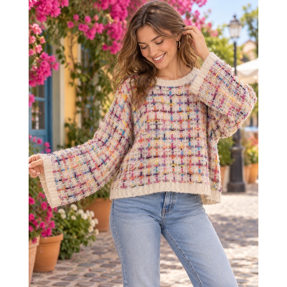 NWT Knit Sweater Multi Color Woven Crewneck Pullover Wide Sleeve Dopamine